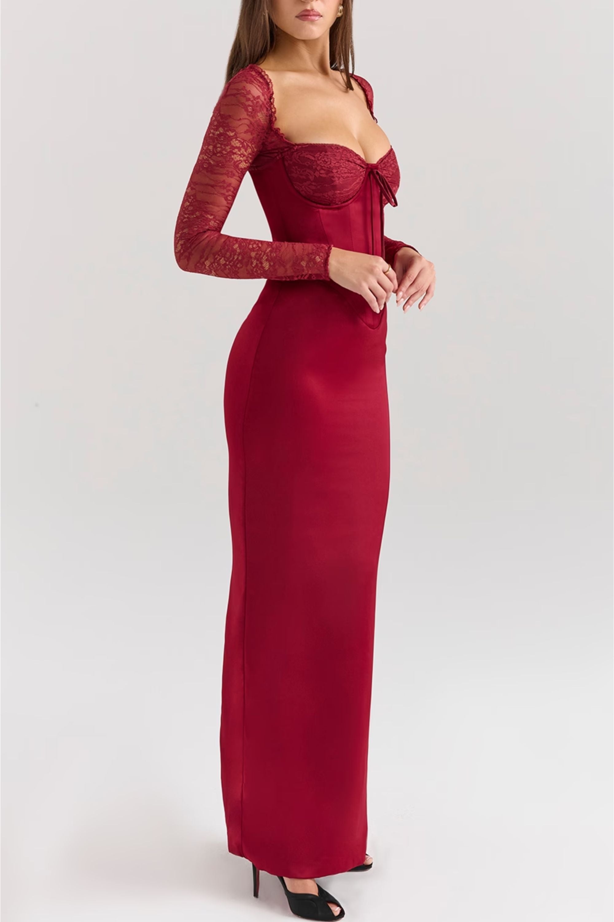 Berry Satin Corset Midi Dress