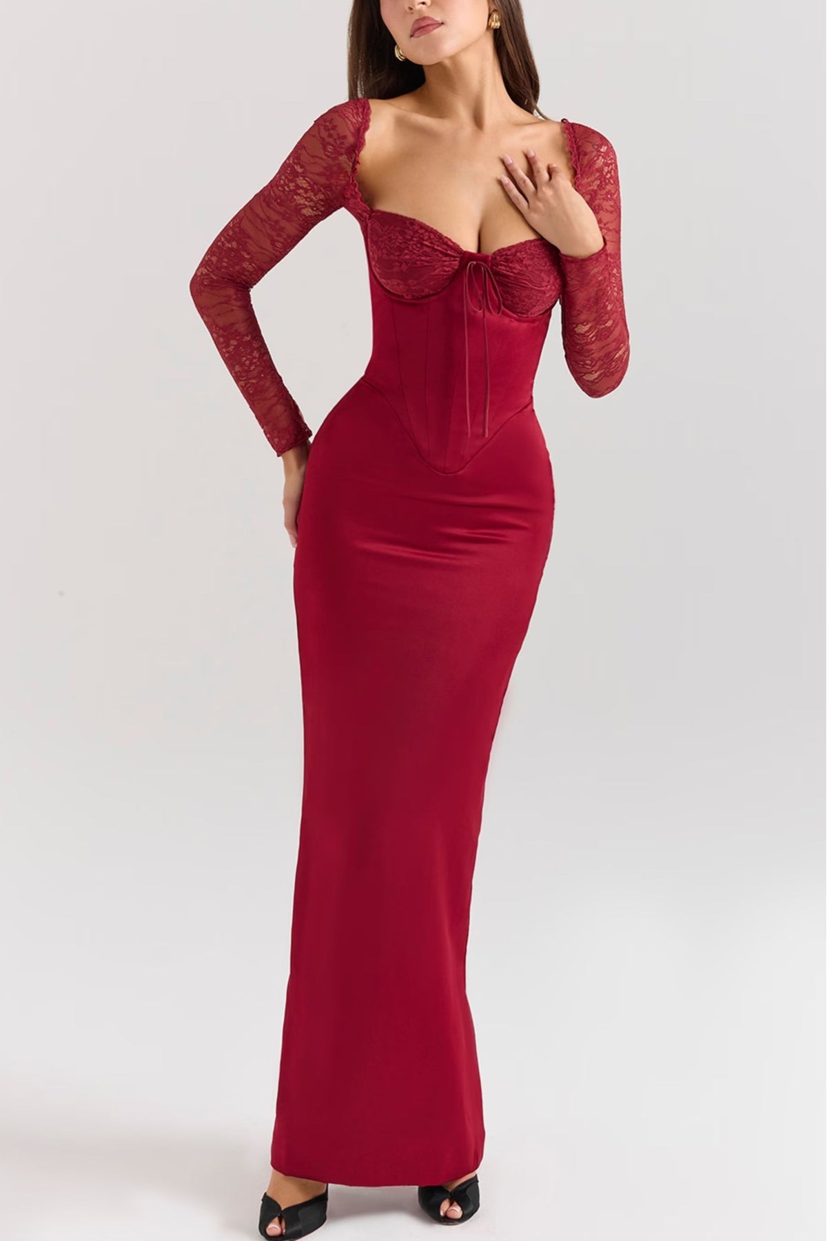 Berry Satin Corset Midi Dress