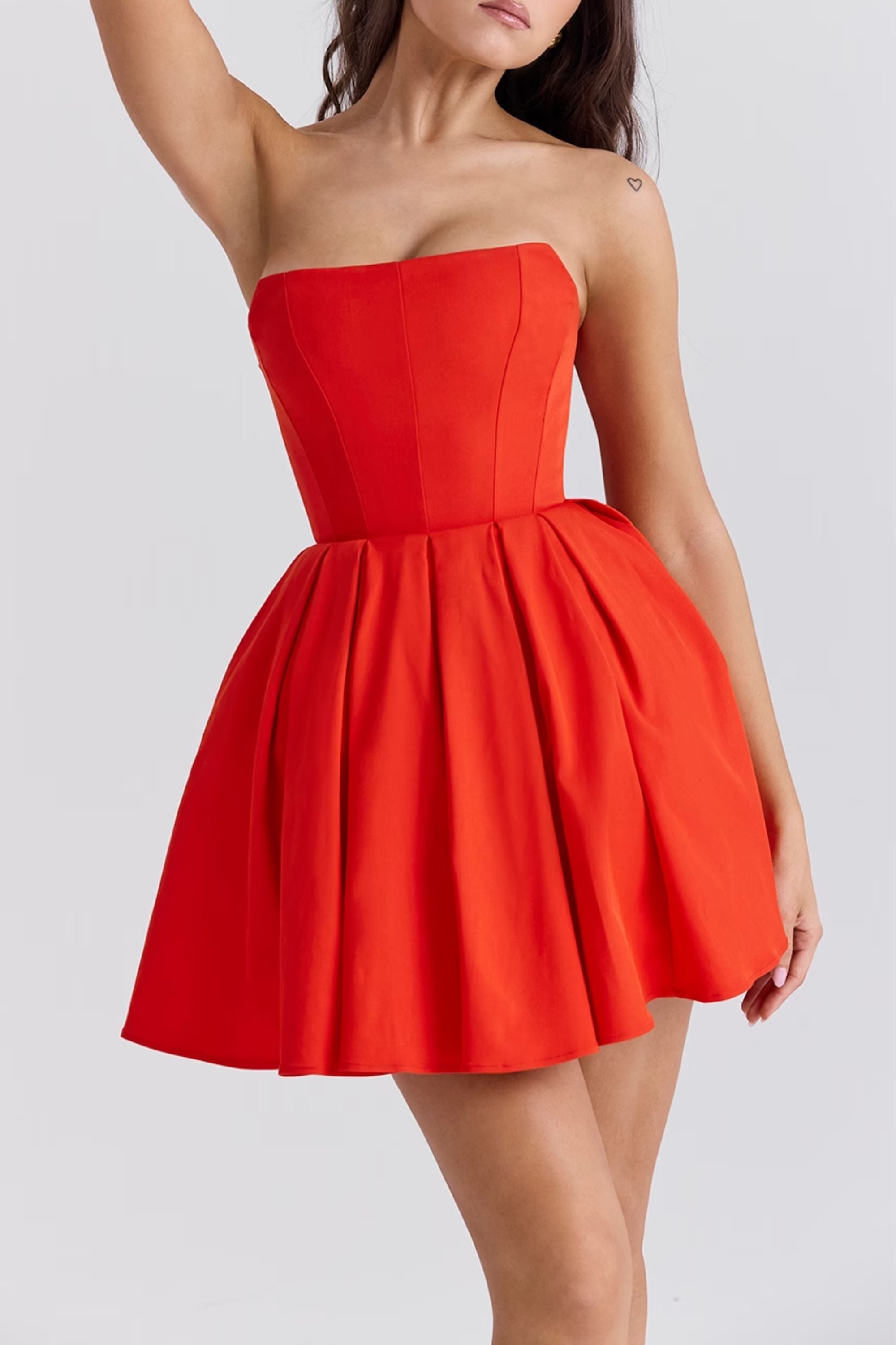 Italian Tomato Pleated Strapless Mini Dress