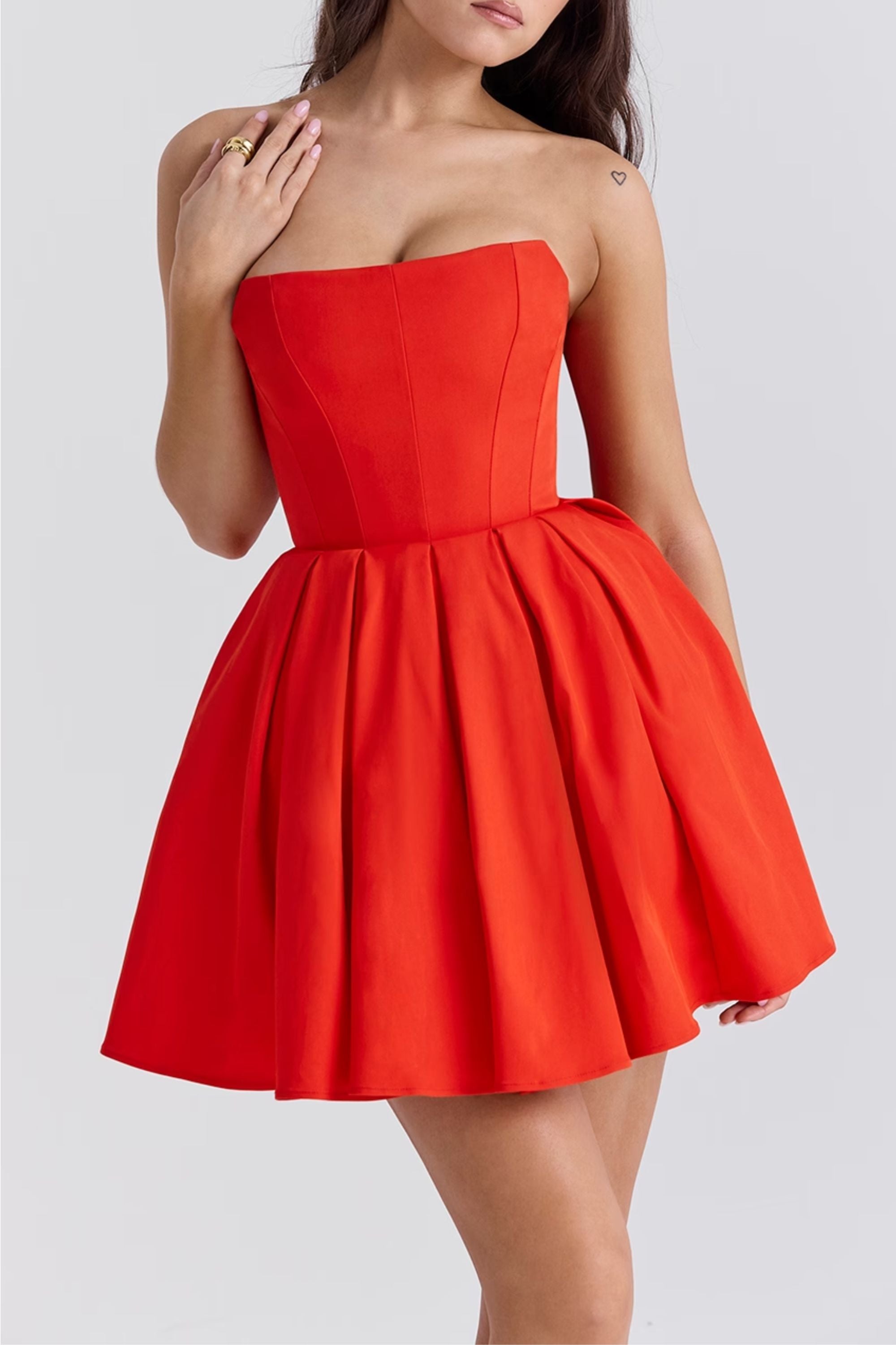 Italian Tomato Pleated Strapless Mini Dress