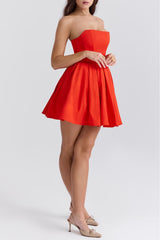 Italian Tomato Pleated Strapless Mini Dress