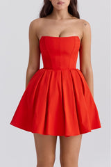 Italian Tomato Pleated Strapless Mini Dress