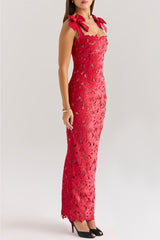 Red Velvet Lace Midi Dress