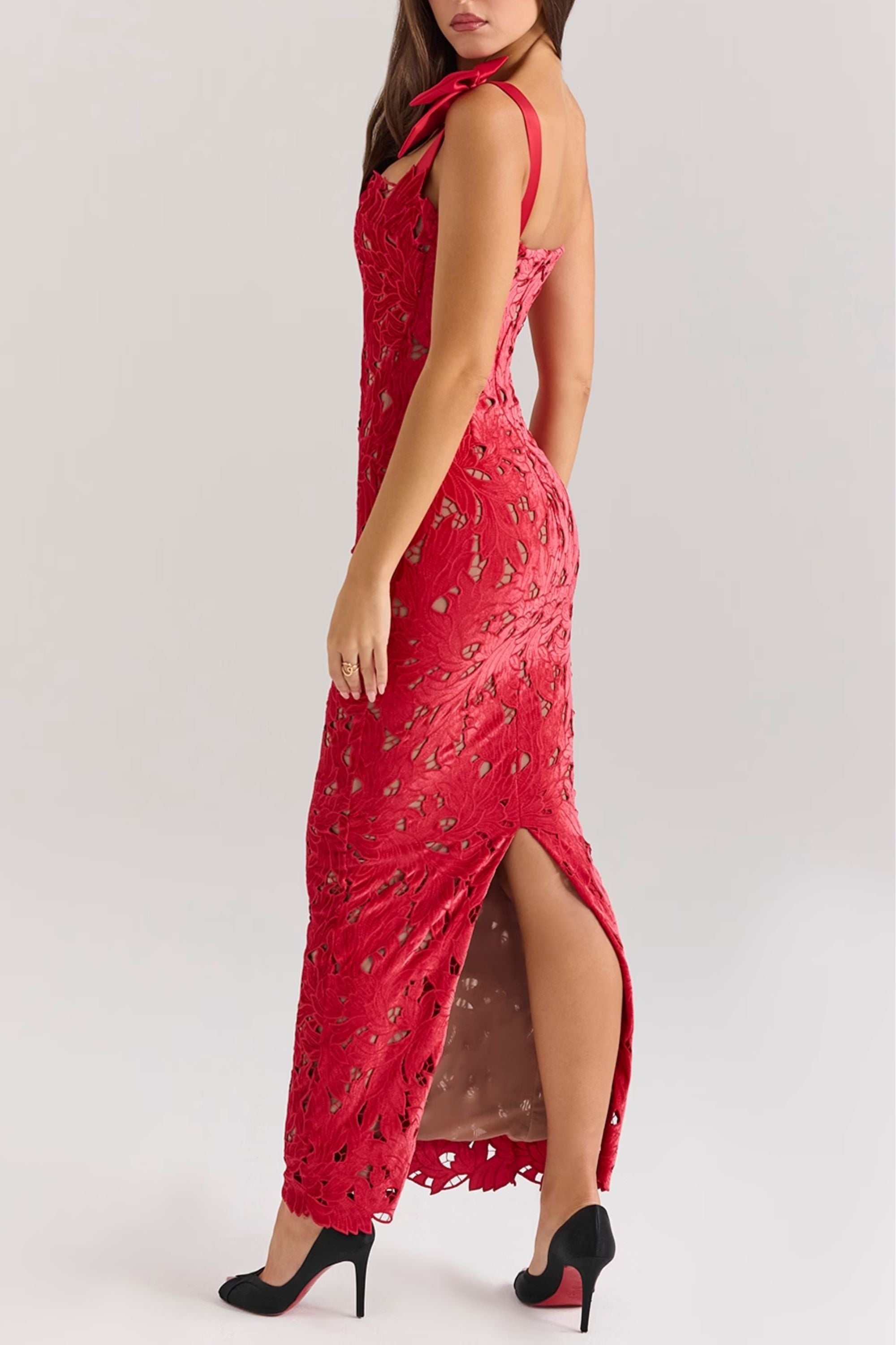 Red Velvet Lace Midi Dress