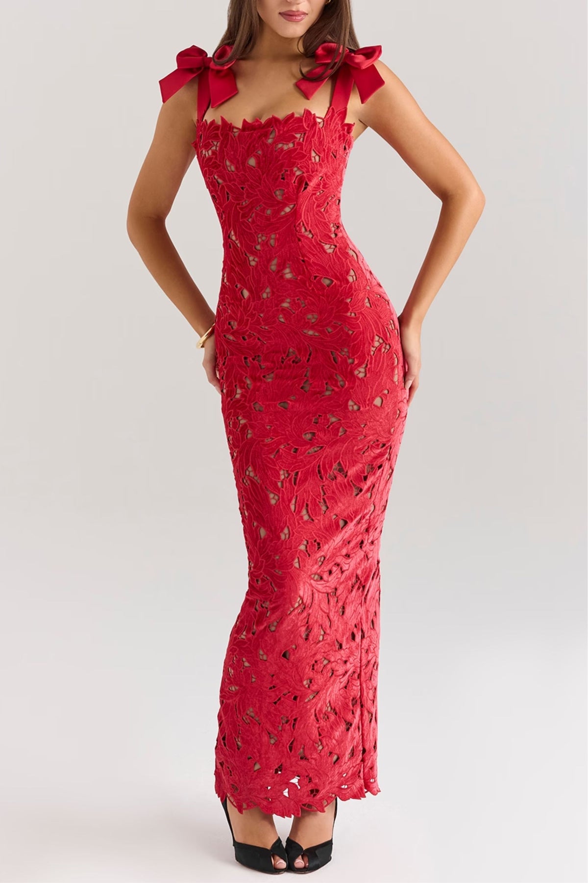 Red Velvet Lace Midi Dress